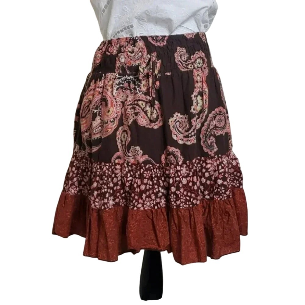 Boho Skirt Brown Pink Paisley Floral‎ Ruffle Tiered Elastic Waist
